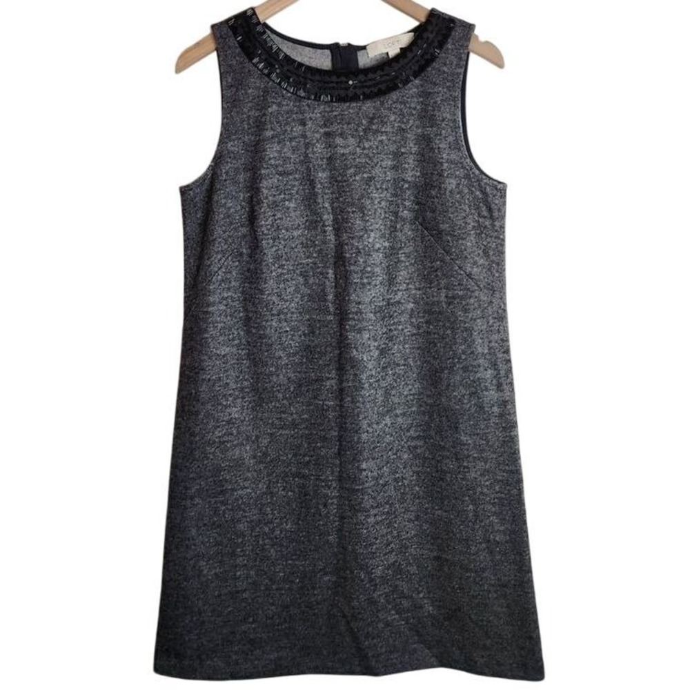 Loft Dress Womens M Grey Shift Embellished Beaded Neck Wool Blend Sleeveless
